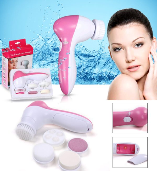 Beauty Care Electric Portable Facial Deep Cleansing 5 in 1 Multi-functional Relief Massager to Exfoliate, remove Acne & Blackheads for Total Facial SPA White-Pink Massage Brush